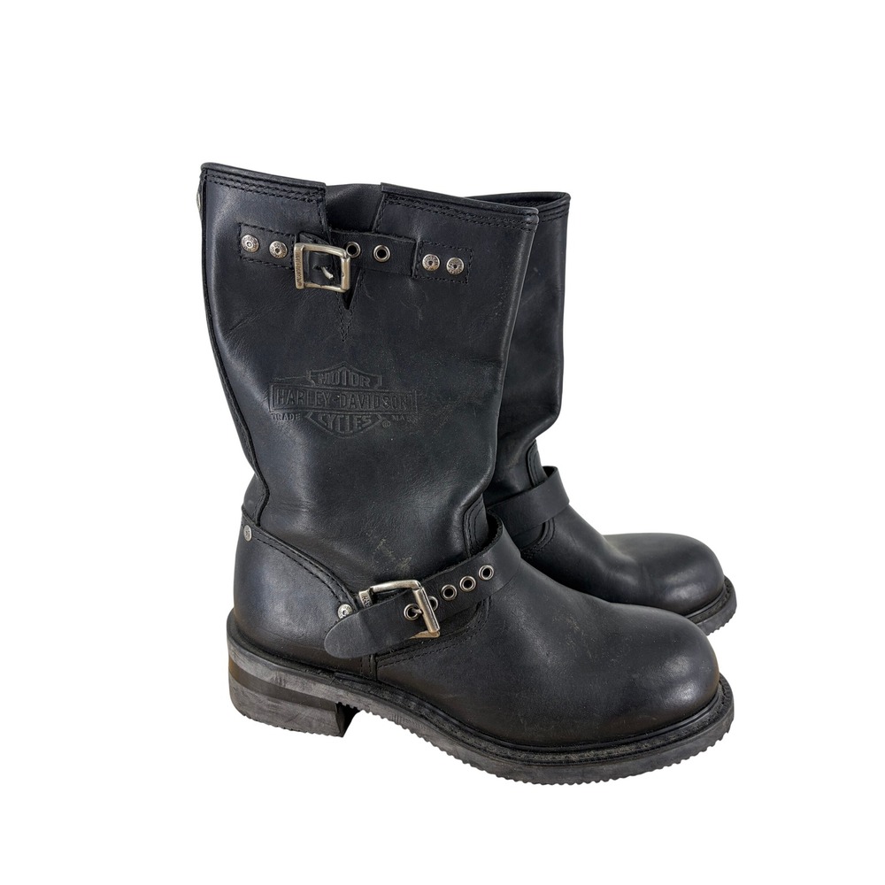 Harley-Davidson Black Leather Engineer Biker Boots Mid-Calf Buckle Straps